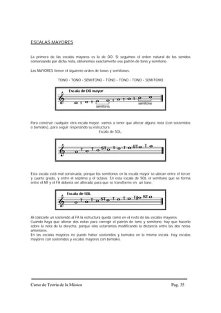 Curso de Teoría de la Música Pag. 35
ESCALAS MAYORES
La primera de las escalas mayores es la de DO. Si seguimos el orden natural de los sonidos
comenzando por dicha nota, obtenemos exactamente ese patrón de tono y semitono.
Las MAYORES tienen el siguiente orden de tonos y semitonos:
TONO - TONO - SEMITONO - TONO - TONO - TONO - SEMITONO
Para construir cualquier otra escala mayor, vamos a tener que alterar alguna nota (con sostenidos
o bemoles), para seguir respetando su estructura.
Escala de SOL:
Esta escala está mal construída, porque los semitonos en la escala mayor se ubican entre el tercer
y cuarto grado, y entre el séptimo y el octavo. En esta escala de SOL el semitono que se forma
entre el MI y el FA debería ser alterado para que se transforme en un tono.
Al colocarle un sostenido al FA la estructura queda como en el resto de las escalas mayores.
Cuando haya que alterar dos notas para corregir el patrón de tono y semitono, hay que hacerlo
sobre la nota de la derecha, porque sino estaríamos modificando la distancia entre las dos notas
anteriores.
En las escalas mayores no puede haber sostenidos y bemoles en la misma escala. Hay escalas
mayores con sostenidos y escalas mayores con bemoles.
 