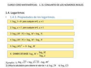 CURSO CERO MATEMÁTICAS: 1. EL CONJUNTO DE LOS NÚMEROS REALES
1.4. Logaritmos
• 1.4.3. Propiedades de los logaritmos.
1. 01log a para cualquier a>0, 1a
2. 1log aa para cualquier a>0, 1a
3. NMNM aaa loglog)(log  .
4. NMNM aaa loglog)/(log 
5. MNM a
N
a log)(log 
6. CAMBIO DE BASE:
a
M
M
b
b
a
log
log
log 
Ejemplos: 1)
3
7
3
53 49log25/1log27log 
2) Utiliza la calculadora para obtener el valor de >: a) 24log3 b) 121log3
 