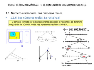 CURSO CERO MATEMÁTICAS: 1. EL CONJUNTO DE LOS NÚMEROS REALES
1.1. Números racionales. Los números reales.
• 1.1.6. Los números reales. La recta real
El conjunto formado por todos los números racionales e irracionales se denomina
conjunto de los números reales y se representa mediante la letra R.
...6180339887'1
 