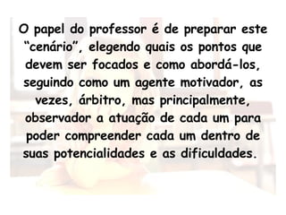 O papel do professor é de preparar este “cenário”, elegendo quais os pontos que devem ser focados e como abordá-los, seguindo como um agente motivador, as vezes, árbitro, mas principalmente, observador a atuação de cada um para poder compreender cada um dentro de suas potencialidades e as dificuldades.    