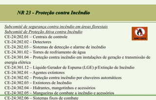 Subcomitê de segurança contra incêndio em áreas florestais
Subcomitê de Proteção Ativa contra Incêndio
CE-24:202.01 – Centrais de controle
CE-24:202.02 – Detectores
CE-24.202.03 – Sistemas de detecção e alarme de incêndio
CE-24.301.02 – Torres de resfriamento de água
CE-24:301.04 – Proteção contra incêndio em instalações de geração e transmissão de
energia elétrica
CE-24:301.12 – Líquido Gerador de Espuma (LGE) p/Extinção de Incêndio
CE-24:302.01 – Agentes extintores
CE-24:302.02 – Proteção contra incêndio por chuveiros automáticos
CE-24:302.03 – Extintores de Incêndio
CE-24:302.04 – Hidrantes, mangotinhos e acessórios
CE-24:302.05 – Mangueiras de combate a incêndio e acessórios
CE-24:302.06 – Sistemas fixos de combate
NR 23 - Proteção contra Incêndio
 