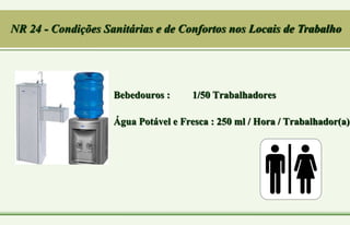 • Bebedouros : 1/50 Trabalhadores
• Água Potável e Fresca : 250 ml / Hora / Trabalhador(a)
NR 24 - Condições Sanitárias e de Confortos nos Locais de Trabalho
 