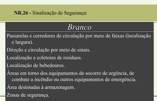 Branco
Passarelas e corredores de circulação por meio de faixas (localização
e largura).
Direção e circulação por meio de sinais.
Localização e coletores de resíduos.
Localização de bebedouros.
Áreas em torno dos equipamentos de socorro de urgência, de
combate a incêndio ou outros equipamentos de emergência.
Área destinadas à armazenagem.
Zonas de segurança.
NR.26 - Sinalização de Segurança:
 