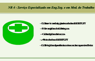 NR 4 - Serviço Especializado em Eng.Seg. e em Med. do Trabalho
-
D
e
t
e
r
m
i
n
a
o
b
r
i
g
a
t
o
r
i
e
d
a
d
e
d
e
S
E
S
M
T
-
F
o
r
m
a
ç
ã
o
d
o
s
S
e
r
v
i
ç
o
s
-
G
r
a
d
a
ç
ã
o
d
e
r
i
s
c
o
s
-
A
t
i
v
i
d
a
d
e
s
d
o
S
E
S
M
T
-
D
e
f
i
n
i
ç
ã
o
d
e
p
r
o
f
i
s
s
i
o
n
a
i
s
e
o
u
t
r
a
s
p
r
o
v
i
d
ê
n
c
i
a
s
 
