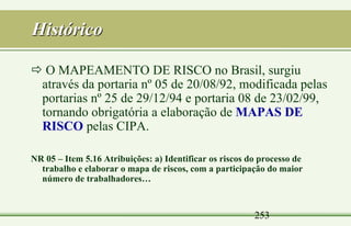 253
Histórico
 O MAPEAMENTO DE RISCO no Brasil, surgiu
através da portaria nº 05 de 20/08/92, modificada pelas
portarias nº 25 de 29/12/94 e portaria 08 de 23/02/99,
tornando obrigatória a elaboração de MAPAS DE
RISCO pelas CIPA.
NR 05 – Item 5.16 Atribuições: a) Identificar os riscos do processo de
trabalho e elaborar o mapa de riscos, com a participação do maior
número de trabalhadores…
 