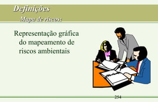 254
Definições
Mapa de riscos:
Representação gráfica
do mapeamento de
riscos ambientais
 