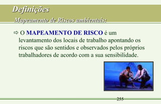 255
Definições
Mapeamento de Riscos ambientais:
 O MAPEAMENTO DE RISCO é um
levantamento dos locais de trabalho apontando os
riscos que são sentidos e observados pelos próprios
trabalhadores de acordo com a sua sensibilidade.
 