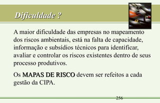 256
Dificuldade ?
A maior dificuldade das empresas no mapeamento
dos riscos ambientais, está na falta de capacidade,
informação e subsídios técnicos para identificar,
avaliar e controlar os riscos existentes dentro de seus
processo produtivos.
Os MAPAS DE RISCO devem ser refeitos a cada
gestão da CIPA.
 