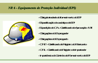 NR 6 - Equipamento de Proteção Individual (EPI)
-O
b
r
i
g
a
t
o
r
i
e
d
a
d
e
d
o
f
o
r
n
e
c
i
m
e
n
t
o
d
o
E
P
I
-E
s
p
e
c
i
f
i
c
a
ç
ã
o
d
e
c
a
d
a
t
i
p
o
d
e
E
P
I
-E
x
p
e
d
i
ç
ã
o
d
o
C
.
A
.-C
e
r
t
i
f
i
c
a
d
o
d
e
A
p
r
o
v
a
ç
ã
o
-M
T
b
-O
b
r
i
g
a
ç
õ
e
s
d
o
E
m
p
r
e
g
a
d
o
r
-O
b
r
i
g
a
ç
õ
e
s
d
o
E
m
p
r
e
g
a
d
o
-C
.
R
.
F
.-C
e
r
t
i
f
i
c
a
d
o
d
e
R
e
g
i
s
t
r
o
d
o
F
a
b
r
i
c
a
n
t
e
-C
.
R
.
I
.-C
e
r
t
i
f
i
c
a
d
o
d
e
R
e
g
i
s
t
r
o
d
e
I
m
p
o
r
t
a
d
o
r
-I
m
p
o
r
t
â
n
c
i
a
d
o
C
o
n
t
r
o
l
e
d
e
F
o
r
n
e
c
i
m
e
n
t
o
d
e
E
P
I
 