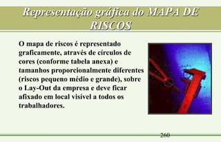 260
Representação gráfica do MAPA DE
RISCOS
O mapa de riscos é representado
graficamente, através de círculos de
cores (conforme tabela anexa) e
tamanhos proporcionalmente diferentes
(riscos pequeno médio e grande), sobre
o Lay-Out da empresa e deve ficar
afixado em local visível a todos os
trabalhadores.
 