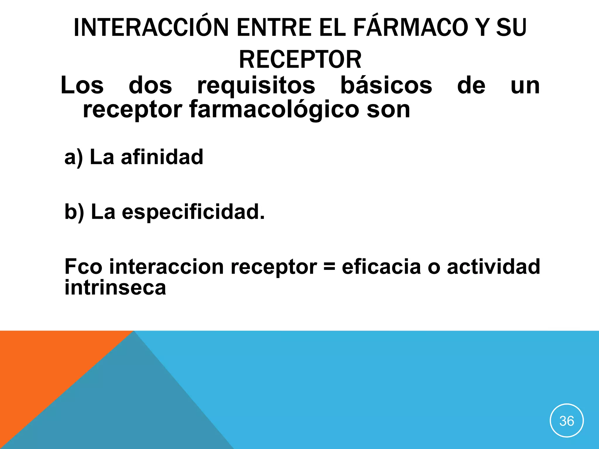 INTERACCIÓN ENTRE EL FÁRMACO Y SU
RECEPTOR
Los dos requisitos básicos de un
receptor farmacológico son
a) La afinidad
b) La especificidad.

Fco interaccion receptor = eficacia o actividad
intrinseca

36

 