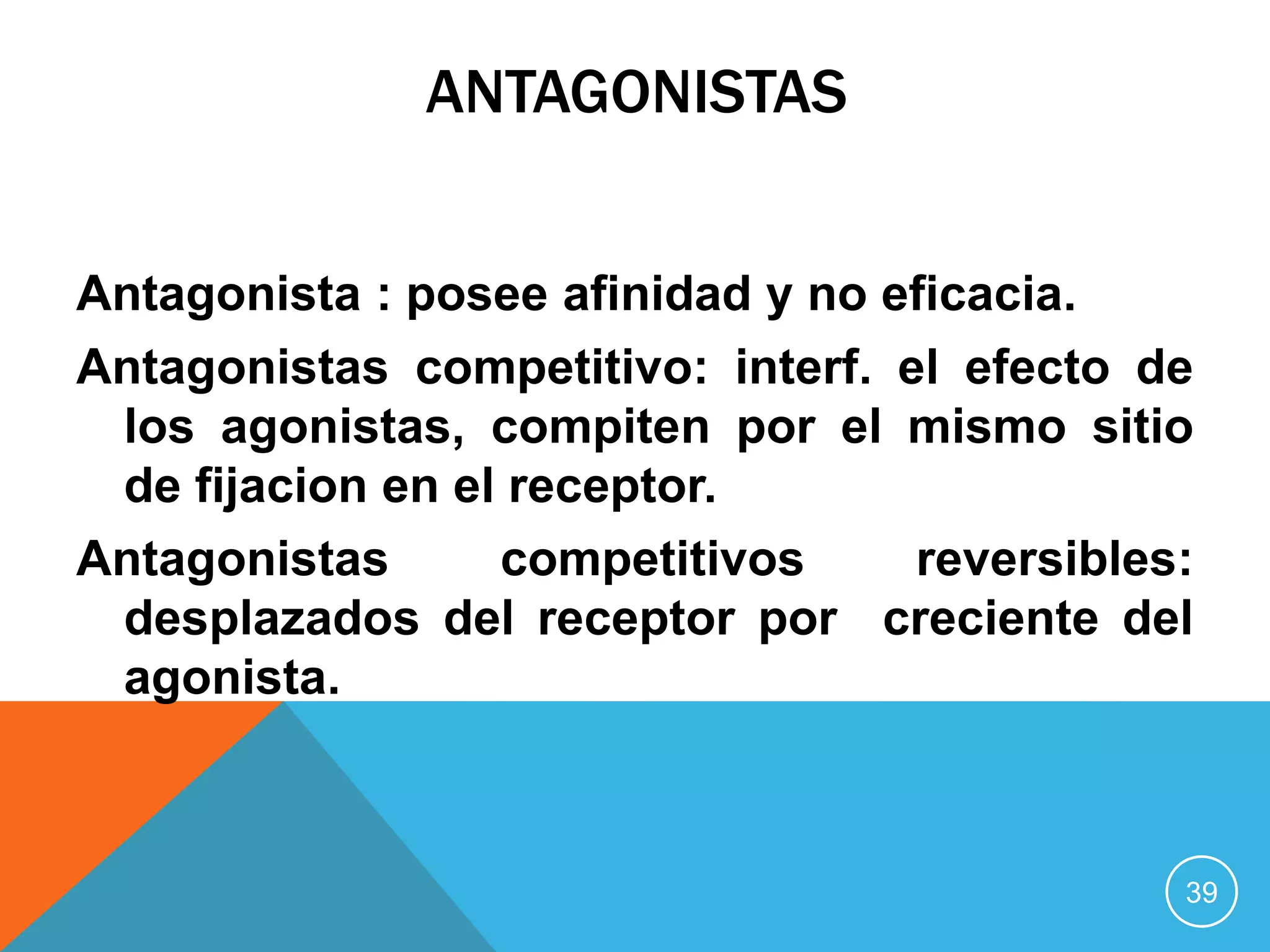 ANTAGONISTAS
Antagonista : posee afinidad y no eficacia.
Antagonistas competitivo: interf. el efecto de
los agonistas, compiten por el mismo sitio
de fijacion en el receptor.
Antagonistas
competitivos
reversibles:
desplazados del receptor por creciente del
agonista.

39

 