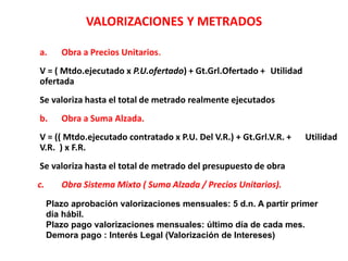 VALORIZACIONES Y METRADOS
a. Obra a Precios Unitarios.
V = ( Mtdo.ejecutado x P.U.ofertado) + Gt.Grl.Ofertado + Utilidad
ofertada
Se valoriza hasta el total de metrado realmente ejecutados
b. Obra a Suma Alzada.
V = (( Mtdo.ejecutado contratado x P.U. Del V.R.) + Gt.Grl.V.R. + Utilidad
V.R. ) x F.R.
Se valoriza hasta el total de metrado del presupuesto de obra
c. Obra Sistema Mixto ( Suma Alzada / Precios Unitarios).
Plazo aprobación valorizaciones mensuales: 5 d.n. A partir primer
día hábil.
Plazo pago valorizaciones mensuales: último día de cada mes.
Demora pago : Interés Legal (Valorización de Intereses)
 