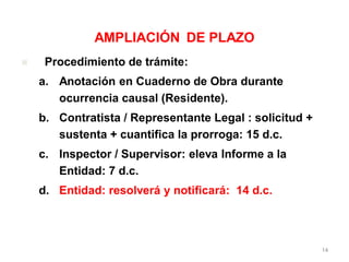 AMPLIACIÓN DE PLAZO
 Procedimiento de trámite:
a. Anotación en Cuaderno de Obra durante
ocurrencia causal (Residente).
b. Contratista / Representante Legal : solicitud +
sustenta + cuantifica la prorroga: 15 d.c.
c. Inspector / Supervisor: eleva Informe a la
Entidad: 7 d.c.
d. Entidad: resolverá y notificará: 14 d.c.
14
 