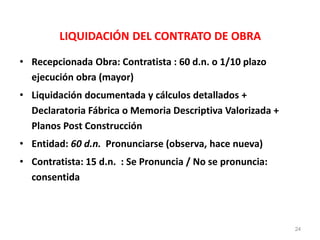 LIQUIDACIÓN DEL CONTRATO DE OBRA
• Recepcionada Obra: Contratista : 60 d.n. o 1/10 plazo
ejecución obra (mayor)
• Liquidación documentada y cálculos detallados +
Declaratoria Fábrica o Memoria Descriptiva Valorizada +
Planos Post Construcción
• Entidad: 60 d.n. Pronunciarse (observa, hace nueva)
• Contratista: 15 d.n. : Se Pronuncia / No se pronuncia:
consentida
24
 