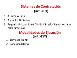 Sistemas de Contratación
(art. 40º)
1. A suma Alzada.
2. A precios Unitarios
3. Esquema Mixto: Suma Alzada Y Precios Unitarios (aun
falta directiva).
3
Modalidades de Ejecución
(art. 41º)
1. Llave en Mano.
2. Concurso Oferta
 