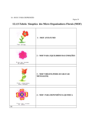 16 - M.O.F. PARA DEPRESSÃO
Página 58

12.1.5-Tabela Sinoptica dos Micro Organisadores Florais (MOF)

1 – MOF ANTI-FUMO

2 – MOF PARA EQUILIBRIO DAS EMOÇÕES

3 – MOF VIRGEM (PODE-SE GRAVAR
MENSAGEM)

4 – MOF PARA DEPENDÊNCIA QUIMICA

59

 