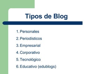 Tipos de Blog Personales Periodísticos Empresarial Corporativo Tecnológico Educativo (edublogs) 