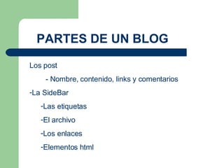 Los post  - Nombre, contenido, links y comentarios La SideBar Las etiquetas  El archivo Los enlaces  Elementos html  PARTES DE UN BLOG  