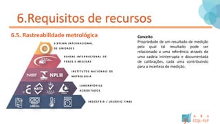 6.Requisitos de recursos
6.5. Rastreabilidade metrológica
SI
S I S T EM A I N T ER N A CI O N A L
D E U N I DA D E S
B U R EA L I N T E R N AC I O N A L D E
P E S O S E M E D I DA S
I N S T I T U T O S N A C I O N A I S D E
M E T R O LO G I A
L A B O R ATÓ R I O S
ACR E D I TA D O S
I N D Ú S T R I A / U S UÁ R I O F I N A L
Conceito
Propriedade de um resultado de medição
pela qual tal resultado pode ser
relacionado a uma referência através de
uma cadeia ininterrupta e documentada
de calibrações, cada uma contribuindo
para a incerteza de medição.
 