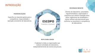 INTRODUÇÃO
ESCOPO
É aplicável a todas as organizações que
realizam atividades de laboratório,
independentemente do número de pessoas.
RECONHECIM ENTO
Clientes do laboratório, autoridades
regulamentadoras, organizações e
esquemas que utilizem avaliação entre
pares, organismos de acreditação e
outros utilizam este documento para
confirmar ou reconhecer a competência
de laboratórios.
REPLICABILIDAD E
Especifica os requisitos gerais para a
competência, imparcialidade e
operação consistente de laboratórios.
PADRONIZ AÇ ÃO
 