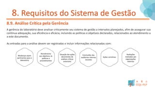 8. Requisitos do Sistema de Gestão
8.9. Análise Crítica pela Gerência
A gerência do laboratório deve analisar criticamente seu sistema de gestão a intervalos planejados, afim de assegurar sua
contínua adequação, sua eficiência e eficácia, incluindo as políticas e objetivos declarados, relacionados ao atendimento
a
a
este documento.
As entradas para a análise devem ser registradas e incluir informações relacionadas com:
Mudanças sejam
pertinentes para o
laboratório
Atendimento
aos objetivos, ás
políticas e
procedimentos
Situação das ações
decorrentes de
análises críticas
anteriores
Conclusões das
auditorias internas
recentes
Ações corretivas
Avaliações
realizadas por
organizações
externas
 