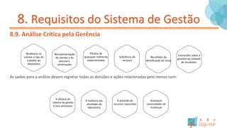 8. Requisitos do Sistema de Gestão
8.9. Análise Crítica pela Gerência
As saídas para a análise devem registrar todas as decisões e ações relacionadas pelo menos com:
Mudanças no
volume e tipo do
trabalho do
laboratório
Retroalimentação
de clientes e do
pessoal e
reclamações
Eficácia de
quaisquer melhorias
implementadas
Suficiência de
recursos
Resultados da
identificação de riscos
Conclusões sobre a
garantia da validade
de resultados
A eficácia do
sistema de gestão
e seus processos
A melhoria das
atividades de
laboratório
A provisão de
recursos requeridos
Quaisquer
necessidades de
mudanças
 