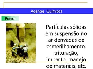 Agentes Químicos
Poeira
Partículas sólidas
em suspensão no
ar derivadas de
esmerilhamento,
trituração,
impacto, manejo
de materiais, etc.
 