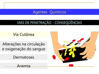 Agentes Químicos
VIAS DE PENETRAÇÃO - CONSEQÜÊNCIAS
Via Cutânea
Dermatoses
Anemia
Alterações na circulação
e oxigenação do sangue
 