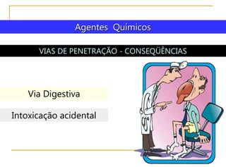Agentes Químicos
VIAS DE PENETRAÇÃO - CONSEQÜÊNCIAS
Via Digestiva
Intoxicação acidental
 