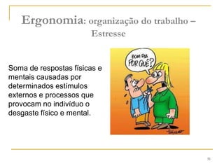 51
Ergonomia: organização do trabalho –
Estresse
Soma de respostas físicas e
mentais causadas por
determinados estímulos
externos e processos que
provocam no indivíduo o
desgaste físico e mental.
 