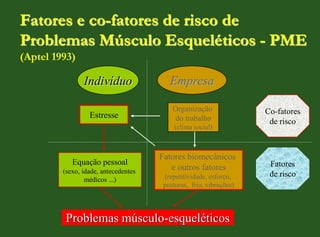 Fatores e co-fatores de risco de
Problemas Músculo Esqueléticos - PME
(Aptel 1993)
Indivíduo
Estresse
Organização
do trabalho
(clima social)
Equação pessoal
(sexo, idade, antecedentes
médicos ...)
Fatores biomecânicos
e outros fatores
(repetitividade, esforço,
posturas, frio, vibrações)
Problemas músculo-esqueléticos
Co-fatores
de risco
Empresa
Fatores
de risco
 
