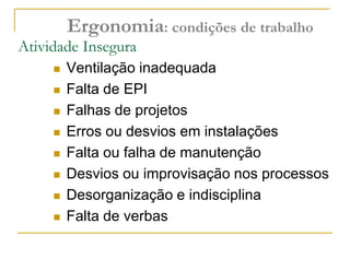  Ventilação inadequada
 Falta de EPI
 Falhas de projetos
 Erros ou desvios em instalações
 Falta ou falha de manutenção
 Desvios ou improvisação nos processos
 Desorganização e indisciplina
 Falta de verbas
Atividade Insegura
Ergonomia: condições de trabalho
 