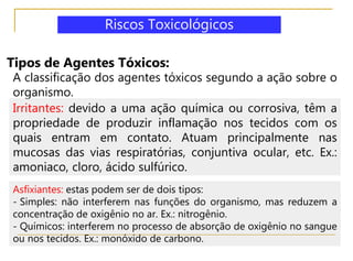 Tipos de Agentes Tóxicos:
A classificação dos agentes tóxicos segundo a ação sobre o
organismo.
Irritantes: devido a uma ação química ou corrosiva, têm a
propriedade de produzir inflamação nos tecidos com os
quais entram em contato. Atuam principalmente nas
mucosas das vias respiratórias, conjuntiva ocular, etc. Ex.:
amoniaco, cloro, ácido sulfúrico.
Asfixiantes: estas podem ser de dois tipos:
- Simples: não interferem nas funções do organismo, mas reduzem a
concentração de oxigênio no ar. Ex.: nitrogênio.
- Químicos: interferem no processo de absorção de oxigênio no sangue
ou nos tecidos. Ex.: monóxido de carbono.
Riscos Toxicológicos
 