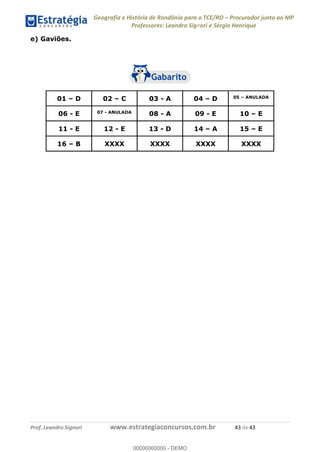 Geografia e História de Rondônia para o TCE/RO Procurador junto ao MP
Professores: Leandro Signori e Sérgio Henrique
Prof. Leandro Signori www.estrategiaconcursos.com.br 43 de 43
e) Gaviões.
01 – D 02 – C 03 - A 04 – D 05 – ANULADA
06 - E 07 - ANULADA
08 - A 09 - E 10 – E
11 - E 12 - E 13 - D 14 – A 15 – E
16 – B XXXX XXXX XXXX XXXX
0
00000000000 - DEMO
 