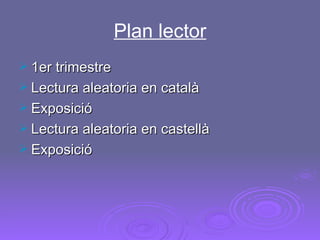 Plan lector 1er trimestre Lectura aleatoria en català Exposició Lectura aleatoria en castellà Exposició 
