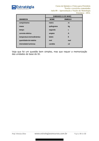 Curso de Química e Física para Petrobrás
Teoria e exercícios comentados
Aula 00 Apresentação e Noções de Metrologia
Petrobras - 2014.
Prof. Vinícius Silva www.estrategiaconcursos.com.br Página 49 de 50
Veja que foi um questão bem simples, mas que requer a memorização
das unidades de base do SI.
08578956800
 