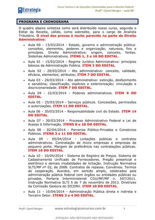 Curso Teórico e de Questões Comentadas para a Receita Federal
Profº. Cyonil Borges aula 00
Profº. Cyonil Borges www.estrategiaconcursos.com.br 3
PROGRAMA E CRONOGRAMA
O quadro abaixo sintetiza como será distribuído nosso curso, segundo o
Edital da Receita, válido, como sobredito, para o cargo de Analista
Tributário. O nível das provas é muito parecido na parte de Direito
Administrativo:
Aula 00 - 13/03/2014 - Estado, governo e administração pública:
conceitos, elementos, poderes e organização; natureza, fins e
princípios. Direito Administrativo: origem, conceito, fontes.
Sistemas Administrativos. ITENS 1, 2 e 16 DO EDITAL.
Aula 01 - 15/03/2014 - Regime Jurídico Administrativo: princípios
básicos da Administração Pública. ITEM 2 DO EDITAL.
Aula 02 - 20/03/2014 - Ato administrativo: conceito, validade,
eficácia, elementos; atributos; ITEM 7 DO EDITAL.
Aula 03 - 20/03/2014 - Ato administrativo: extinção, desfazimento
e sanatória; classificação, espécies e exteriorização; vinculação e
discricionariedade. ITEM 7 DO EDITAL.
Aula 04 - 22/03/2014 - Poderes administrativos. ITEM 9 DO
EDITAL.
Aula 05 - 25/03/2014 - Serviços públicos. Concessões, permissões
e autorizações. ITEM 11 DO EDITAL.
Aula 06 - 30/03/2014 - Responsabilidade civil do Estado. ITEM 14
DO EDITAL.
Aula 07 - 30/03/2014 - Processo Administrativo Federal e Lei de
Acesso à Informação. ITENS 8 e 18 DO EDITAL.
Aula 08 - 02/04/2014 - Parcerias Público-Privadas e Consórcios
Públicos. ITENS 3 e 11 DO EDITAL.
Aula 09 - 05/04/2014 - Licitações públicas e contratos
administrativos. Contratação de micro empresas e empresas de
pequeno porte. Margem de preferência nas contratações públicas.
ITEM 10 DO EDITAL.
Aula 10 - 10/04/2014 - Sistema de Registro de Preços. Sistema de
Cadastramento Unificado de Fornecedores. Pregão presencial e
eletrônico e demais modalidades de licitação. Instrução Normativa
SLTI/MP nº 02, de 2008. Contratos de repasse. Convênios. Termos
de cooperação. Acordos, em sentido amplo, celebrados pela
administração pública federal com órgãos ou entidades públicas ou
privadas. Portaria Interministerial CGU/MF/MP n. 507/2011.
Instrução Normativa SLTI 5 de 7 de novembro de 2013. Diretrizes
da Comissão Gestora do SICONV. ITEM 10 DO EDITAL.
Aula 11 - 10/04/2014 - Administração Pública direta e indireta e
Terceiro Setor. ITENS 3 e 4 DO EDITAL.
- ATENÇÃO: NÃO REPASSAR! NÃO REPASSAR!
 