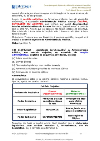 Curso Avançado de Direito Administrativo em Exercícios
para a Receita Federal
Profº. Cyonil Borges aula 00
Profº. Cyonil Borges www.estrategiaconcursos.com.br 69
seus órgãos estejam atuando como administradores de seus serviços, de
seus bens, ou de seu pessoal.
Assim, no sentido subjetivo (ou formal ou orgânico, que são vocábulos
sinônimos), a expressão Administração Pública abrange ÓRGÃOS,
ENTIDADES OU AGENTES, que tenham por papel desempenhar
tarefas administrativas do Estado
assertiva.
Mas o fato de o item estar incompleto não o torna errado (isso é bem
típico de Esaf).
Muito bem. Tudo esclarecido. Passemos à próxima questão, na qual será
tratado o aspecto objetivo de Administração Pública.
Gabarito: item C.
10) (1999/Esaf Assistente Jurídico/AGU) A Administração
Pública, em sentido objetivo, no exercício da função
administrativa, engloba as seguintes atividades, exceto:
(a) Polícia administrativa
(b) Serviço público
(c) Elaboração legislativa, com caráter inovador
(d) Fomento a atividades privadas de interesse público
(e) Intervenção no domínio público
Comentários:
Já conversamos sobre o tal critério objetivo material e objetivo formal.
Que tal, agora, um quadro resumo?
Critério Objetivo
Poderes da República
Formal
(regime jurídico)
Material
(Conteúdo em si)
Poder Executivo
Produção de atos
complementares
às leis
Produção de atos
com efeitos
concretos
Poder Legislativo NOVIDADE
Produção de atos
gerais e abstratos
Poder Judiciário DEFINITIVIDADE
Resolução de
litígios
Tomando por base o quadro acima, fácil perceber que a elaboração
legislativa, com caráter inovador é, formalmente, ato do
Legislativo. Daí a correção da alternativa C.
- ATENÇÃO: NÃO REPASSAR! NÃO REPASSAR!
 