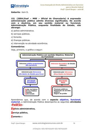 Curso Avançado de Direito Administrativo em Exercícios
para a Receita Federal
Profº. Cyonil Borges aula 00
Profº. Cyonil Borges www.estrategiaconcursos.com.br 76
Gabarito: item D.
15) (2004/Esaf MRE Oficial de Chancelaria) A expressão
administração pública admite diversos significados. De acordo
com a doutrina, em seu sentido material ou funcional,
Administração Pública, enquanto finalidade do Estado, não
abrange:
a) polícia administrativa.
b) serviços públicos.
c) fomento.
d) finanças públicas.
e) intervenção na atividade econômica.
Comentários:
Veja, primeiro, o gráfico a seguir:
Aprendemos que, de acordo com o aspecto objetivo, funcional,
material, a Administração Pública desempenha as seguintes atividades
(PoSFIn):
Polícia administrativa,
Serviço público,
Fomento e
- ATENÇÃO: NÃO REPASSAR! NÃO REPASSAR!
 