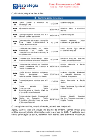 COMO ESTUDAR PARA A OAB
Aula 00 - Prof. Ricardo Torques
Equipe de Professores www.estrategiaoab.com.br 4 de 20
Confira o cronograma das aulas:
3 - CRONOGRAMA DE AULAS
Aula
00
Como utilizar o material do
Estratégia OAB
5/1/2018
Ricardo Torques
Aula
01
Técnicas de Estudo
12/1/2018
Déborah Paiva e Cristiane
Moraes
Aula
02
Como planejar os estudos para a 1ª
Fase do Exame de Ordem
19/1/2018
Ricardo Torques
Aula
03
Como estudar Estatuto e Código de
Ética, Direito Constitucional e
Direito Administrativo
26/1/218
Daniela Menezes, Diego
Cerqueira e Igor Maciel
Aula
04
Como estudar Direito Civil, Direito
Processual Civil, Direito do
Consumidor e Direito da Criança e
do Adolescente
2/2/2018
Paulo Sousa, Igor Maciel
e Ricardo Torques
Aula
05
Como estudar Direito Penal, Direito
Processual Penal e Direito Tributário
9/2/2018
Fernando Marques, Marcelle
Tasoko e Rodrigo Martins
Aula
06
Como estudar Direito do Trabalho,
Direito Processual do Trabalho e
Direito Empresarial
16/2/2018
Priscila Ferreira e Paulo
Guimarães
Aula
07
Como estudar Direitos Humanos,
Direito Ambiental, Direito
Internacional e Filosofia do Direito
23/2/2018
Ricardo Torques, Rosenval
Jr., Daniela Menezes e
Karoline Strapasson
Aula
08
Como planejar os estudos para a 2ª
fase
2/3/2018
Diego Cerqueira e Paulo
Sousa
Aula
09
Como estudar Direito
Constitucional, Direito
Administrativo e Direito Civil na
prova prático-profissional
9/3/2018
Diego Cerqueira, Igor Maciel
e Paulo Sousa
Aula
10
Como estudar Direito Empresarial,
Direito do Trabalho, Direito
Tributário e Direito Penal na prova
prático-profissional
16/3/2018
Renato Borelli, Rodrigo
Martins, Fernando Marques e
Priscila Ferreira
O cronograma acima, eventualmente, poderá ser reajustado.
Agora, vamos falar um pouco do Exame de Ordem. Vamos iniciar pela
análise das principais informações sobre a prova da OAB. É evidente que,
com a publicação do edital, devemos ficar atento para eventuais mudanças.
00000000000 - DEMO
 