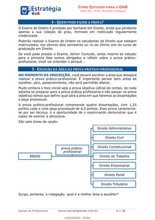 COMO ESTUDAR PARA A OAB
Aula 00 - Prof. Ricardo Torques
Equipe de Professores www.estrategiaoab.com.br 5 de 20
4 - QUEM PODE FAZER A PROVA?
O Exame de Ordem é prestado por bacharel em Direito, ainda que pendente
apenas a sua colação de grau, formado em instituição regularmente
credenciada.
Poderão realizar o Exame de Ordem os estudantes de Direito que estejam
matriculados nos últimos dois semestres ou no do último ano do curso de
graduação em Direito.
Se você pode prestar o Exame, ótimo! Contudo, antes mesmo de estudar
para a primeira fase somos obrigados a refletir sobre a prova prático-
profissional. Você vai entender o porquê...
5 - ESCOLHA DA ÁREA DA PROVA PRÁTICO-PROFISSIONAL
NO MOMENTO DA INSCRIÇÃO, você deverá escolher a área que desejará
realizar a prova prático-profissional. É importante pensar bem antes de
escolher, pois, posteriormente, não será permitido alterar.
Muito embora o foco inicial seja a prova objetiva (afinal de contas, de nada
adianta se preparar para a prova prática profissional e não passar na prova
objetiva) temos que definir qual será a área em que faremos as dissertações
e peça processual.
A prova prático-profissional compreende quatro dissertações, com 1,25
pontos cada e uma peça processual de 6,0 pontos. Essa prova caracteriza-
se por ser técnica, é a oportunidade de o examinando demonstrar que é
capaz de exercer a advocacia.
São sete áreas de opção:
Surge, portanto, a indagação: qual é a melhor área a escolher?
ÁREAS
Direito Administrativo
Direito Civil
Direito Constitucional
Direito do Trabalho
Direito Empresarial
Direito Penal
Direito Tributário
prova prático-
profissional
00000000000 - DEMO
 
