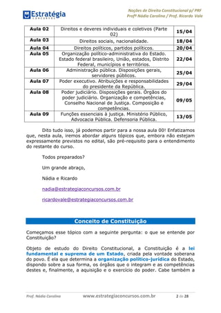 Noções de Direito Constitucional p/ PRF
Profª Nádia Carolina / Prof. Ricardo Vale
Prof. Nádia Carolina www.estrategiaconcursos.com.br 2 de 28
Aula 02 Direitos e deveres individuais e coletivos (Parte
02)
15/04
Aula 03 Direitos sociais, nacionalidade. 18/04
Aula 04 Direitos políticos, partidos políticos. 20/04
Aula 05 Organização político-administrativa do Estado.
Estado federal brasileiro, União, estados, Distrito
Federal, municípios e territórios.
22/04
Aula 06 Administração pública. Disposições gerais,
servidores públicos.
25/04
Aula 07 Poder executivo. Atribuições e responsabilidades
do presidente da República.
29/04
Aula 08 Poder judiciário. Disposições gerais. Órgãos do
poder judiciário. Organização e competências,
Conselho Nacional de Justiça. Composição e
competências.
09/05
Aula 09 Funções essenciais à justiça. Ministério Público,
Advocacia Pública. Defensoria Pública.
13/05
Dito tudo isso, já podemos partir para a nossa aula 00! Enfatizamos
que, nesta aula, iremos abordar alguns tópicos que, embora não estejam
expressamente previstos no edital, são pré-requisito para o entendimento
do restante do curso.
Todos preparados?
Um grande abraço,
Nádia e Ricardo
nadia@estrategiaconcursos.com.br
ricardovale@estrategiaconcursos.com.br
Conceito de Constituição
Começamos esse tópico com a seguinte pergunta: o que se entende por
Constituição?
Objeto de estudo do Direito Constitucional, a Constituição é a lei
fundamental e suprema de um Estado, criada pela vontade soberana
do povo. É ela que determina a organização político-jurídica do Estado,
dispondo sobre a sua forma, os órgãos que o integram e as competências
destes e, finalmente, a aquisição e o exercício do poder. Cabe também a
 