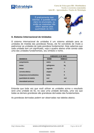 Curso de Física para BR - Distribuidora
Teoria e exercícios comentados
Aula 00 Apresentação e Noções de Metrologia
Prof. Vinícius Silva www.estrategiaconcursos.com.br Página 14 de 57
6. Sistema Internacional de Unidades
O sistema internacional de unidades é um sistema adotado para as
unidades de medida das grandezas físicas, ele foi concebido de modo a
padronizar as unidades de cada grandeza fundamental. Hoje sabemos que
cada unidade tem um significado, veja o quadro abaixo onde consta cada
uma das unidades fundamentais, seu símbolo e nome.
Entenda que toda vez que você utilizar as unidades acima o resultado
será uma unidade do SI, no caso uma unidade derivada, uma vez que
todas as demais grandezas são grandezas derivadas das fundamentais.
As grandezas derivadas podem ser observadas nas tabelas abaixo.
É praticamente isso
Aderbal. A questão deixa
claro no enunciado, ou
então as respostas irão
diferir apenas pela
00000000000
00000000000 - DEMO
 