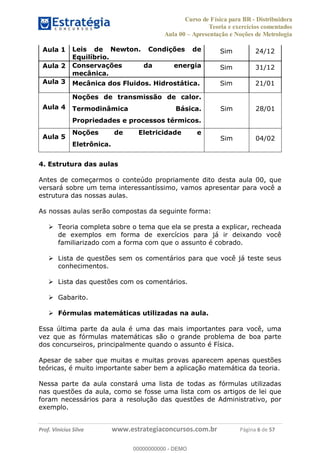 Curso de Física para BR - Distribuidora
Teoria e exercícios comentados
Aula 00 Apresentação e Noções de Metrologia
Prof. Vinícius Silva www.estrategiaconcursos.com.br Página 6 de 57
Aula 1 Leis de Newton. Condições de
Equilíbrio.
Sim 24/12
Aula 2 Conservações da energia
mecânica.
Sim 31/12
Aula 3 Mecânica dos Fluidos. Hidrostática. Sim 21/01
Aula 4
Noções de transmissão de calor.
Termodinâmica Básica.
Propriedades e processos térmicos.
Sim 28/01
Aula 5
Noções de Eletricidade e
Eletrônica.
Sim 04/02
4. Estrutura das aulas
Antes de começarmos o conteúdo propriamente dito desta aula 00, que
versará sobre um tema interessantíssimo, vamos apresentar para você a
estrutura das nossas aulas.
As nossas aulas serão compostas da seguinte forma:
Teoria completa sobre o tema que ela se presta a explicar, recheada
de exemplos em forma de exercícios para já ir deixando você
familiarizado com a forma com que o assunto é cobrado.
Lista de questões sem os comentários para que você já teste seus
conhecimentos.
Lista das questões com os comentários.
Gabarito.
Fórmulas matemáticas utilizadas na aula.
Essa última parte da aula é uma das mais importantes para você, uma
vez que as fórmulas matemáticas são o grande problema de boa parte
dos concurseiros, principalmente quando o assunto é Física.
Apesar de saber que muitas e muitas provas aparecem apenas questões
teóricas, é muito importante saber bem a aplicação matemática da teoria.
Nessa parte da aula constará uma lista de todas as fórmulas utilizadas
nas questões da aula, como se fosse uma lista com os artigos de lei que
foram necessários para a resolução das questões de Administrativo, por
exemplo.
00000000000
00000000000 - DEMO
 