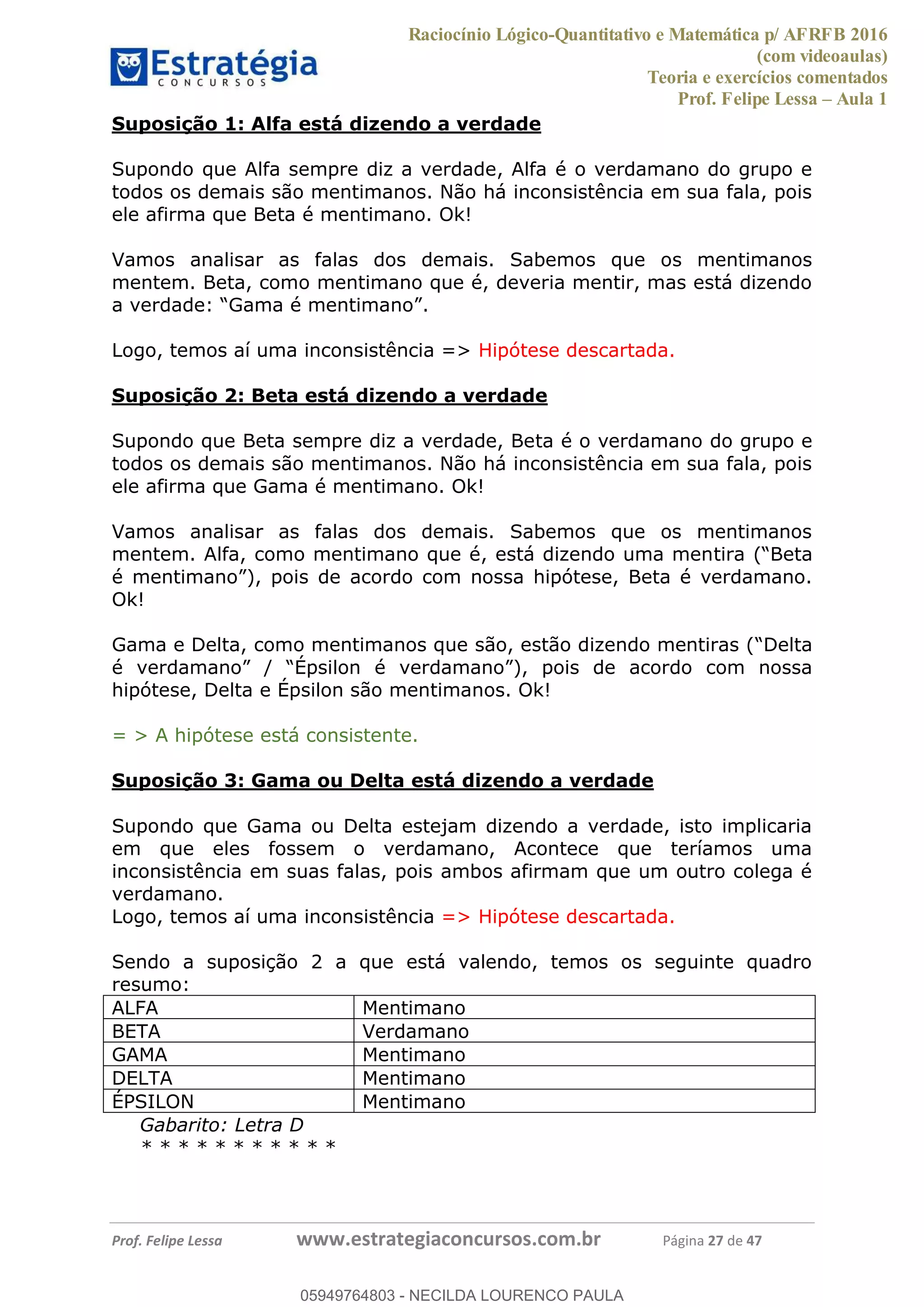 Raciocínio Lógico-Quantitativo e Matemática p/ AFRFB 2016
(com videoaulas)
Teoria e exercícios comentados
Prof. Felipe Lessa Aula 1
Prof. Felipe Lessa www.estrategiaconcursos.com.br Página 27 de 47
Suposição 1: Alfa está dizendo a verdade
Supondo que Alfa sempre diz a verdade, Alfa é o verdamano do grupo e
todos os demais são mentimanos. Não há inconsistência em sua fala, pois
ele afirma que Beta é mentimano. Ok!
Vamos analisar as falas dos demais. Sabemos que os mentimanos
mentem. Beta, como mentimano que é, deveria mentir, mas está dizendo
a verdade: .
Logo, temos aí uma inconsistência => Hipótese descartada.
Suposição 2: Beta está dizendo a verdade
Supondo que Beta sempre diz a verdade, Beta é o verdamano do grupo e
todos os demais são mentimanos. Não há inconsistência em sua fala, pois
ele afirma que Gama é mentimano. Ok!
Vamos analisar as falas dos demais. Sabemos que os mentimanos
mentem. Alfa, como mentimano que é, está dizendo uma mentira ( Beta
), pois de acordo com nossa hipótese, Beta é verdamano.
Ok!
Gama e Delta, como mentimanos que são, estão dizendo mentiras (
/ Épsilon ), pois de acordo com nossa
hipótese, Delta e Épsilon são mentimanos. Ok!
= > A hipótese está consistente.
Suposição 3: Gama ou Delta está dizendo a verdade
Supondo que Gama ou Delta estejam dizendo a verdade, isto implicaria
em que eles fossem o verdamano, Acontece que teríamos uma
inconsistência em suas falas, pois ambos afirmam que um outro colega é
verdamano.
Logo, temos aí uma inconsistência => Hipótese descartada.
Sendo a suposição 2 a que está valendo, temos os seguinte quadro
resumo:
ALFA Mentimano
BETA Verdamano
GAMA Mentimano
DELTA Mentimano
ÉPSILON Mentimano
Gabarito: Letra D
* * * * * * * * * * *
05949764803
05949764803 - NECILDA LOURENCO PAULA
 