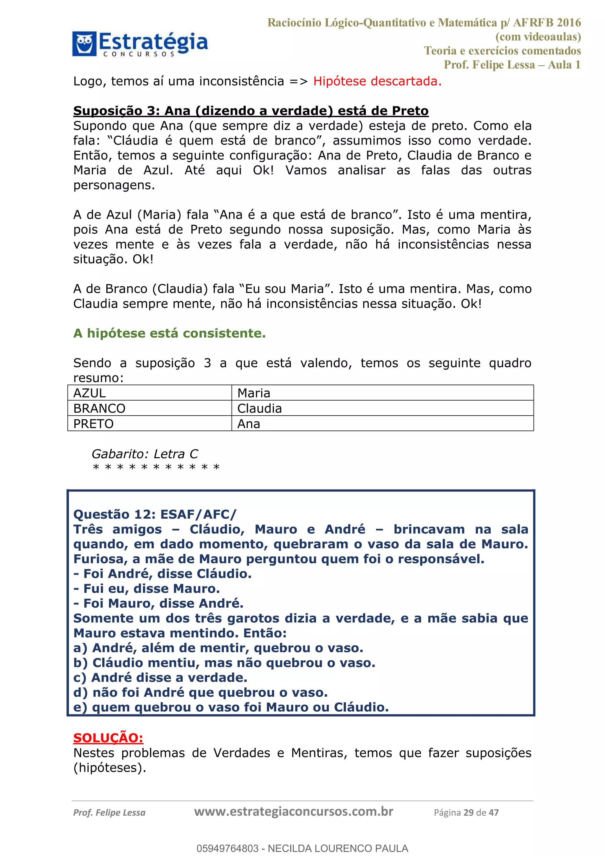 Raciocínio Lógico-Quantitativo e Matemática p/ AFRFB 2016
(com videoaulas)
Teoria e exercícios comentados
Prof. Felipe Lessa Aula 1
Prof. Felipe Lessa www.estrategiaconcursos.com.br Página 29 de 47
Logo, temos aí uma inconsistência => Hipótese descartada.
Suposição 3: Ana (dizendo a verdade) está de Preto
Supondo que Ana (que sempre diz a verdade) esteja de preto. Como ela
fala: , assumimos isso como verdade.
Então, temos a seguinte configuração: Ana de Preto, Claudia de Branco e
Maria de Azul. Até aqui Ok! Vamos analisar as falas das outras
personagens.
A de Azul (Maria) fala . Isto é uma mentira,
pois Ana está de Preto segundo nossa suposição. Mas, como Maria às
vezes mente e às vezes fala a verdade, não há inconsistências nessa
situação. Ok!
A de Branco (Claudia) fala Isto é uma mentira. Mas, como
Claudia sempre mente, não há inconsistências nessa situação. Ok!
A hipótese está consistente.
Sendo a suposição 3 a que está valendo, temos os seguinte quadro
resumo:
AZUL Maria
BRANCO Claudia
PRETO Ana
Gabarito: Letra C
* * * * * * * * * * *
Questão 12: ESAF/AFC/
Três amigos Cláudio, Mauro e André brincavam na sala
quando, em dado momento, quebraram o vaso da sala de Mauro.
Furiosa, a mãe de Mauro perguntou quem foi o responsável.
- Foi André, disse Cláudio.
- Fui eu, disse Mauro.
- Foi Mauro, disse André.
Somente um dos três garotos dizia a verdade, e a mãe sabia que
Mauro estava mentindo. Então:
a) André, além de mentir, quebrou o vaso.
b) Cláudio mentiu, mas não quebrou o vaso.
c) André disse a verdade.
d) não foi André que quebrou o vaso.
e) quem quebrou o vaso foi Mauro ou Cláudio.
SOLUÇÃO:
Nestes problemas de Verdades e Mentiras, temos que fazer suposições
(hipóteses).
05949764803
05949764803 - NECILDA LOURENCO PAULA
 