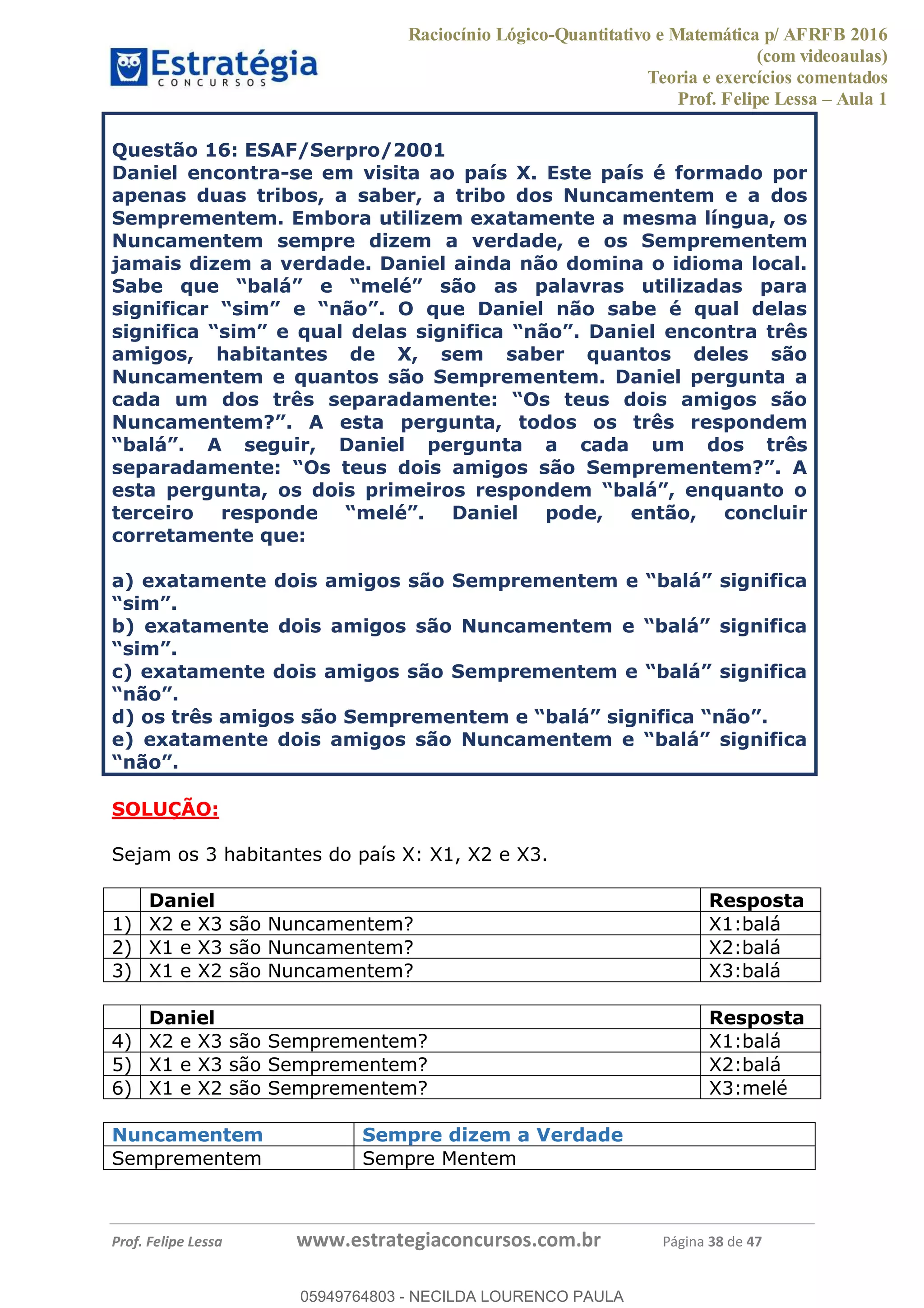 Raciocínio Lógico-Quantitativo e Matemática p/ AFRFB 2016
(com videoaulas)
Teoria e exercícios comentados
Prof. Felipe Lessa Aula 1
Prof. Felipe Lessa www.estrategiaconcursos.com.br Página 38 de 47
Questão 16: ESAF/Serpro/2001
Daniel encontra-se em visita ao país X. Este país é formado por
apenas duas tribos, a saber, a tribo dos Nuncamentem e a dos
Semprementem. Embora utilizem exatamente a mesma língua, os
Nuncamentem sempre dizem a verdade, e os Semprementem
jamais dizem a verdade. Daniel ainda não domina o idioma local.
el encontra três
amigos, habitantes de X, sem saber quantos deles são
Nuncamentem e quantos são Semprementem. Daniel pergunta a
r, Daniel pergunta a cada um dos três
corretamente que:
a) exatamente dois amigo
e) exatam
SOLUÇÃO:
Sejam os 3 habitantes do país X: X1, X2 e X3.
Daniel Resposta
1) X2 e X3 são Nuncamentem? X1:balá
2) X1 e X3 são Nuncamentem? X2:balá
3) X1 e X2 são Nuncamentem? X3:balá
Daniel Resposta
4) X2 e X3 são Semprementem? X1:balá
5) X1 e X3 são Semprementem? X2:balá
6) X1 e X2 são Semprementem? X3:melé
Nuncamentem Sempre dizem a Verdade
Semprementem Sempre Mentem
05949764803
05949764803 - NECILDA LOURENCO PAULA
 