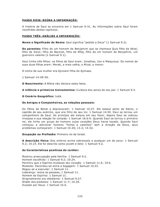 P A SSO D O IS : RE ÚN A A I NF O RM AÇÃ O :

A história de Saul se encontra em 1 Sam uel 9-31. As informações sobre Saul foram
recolhidas destes cap ítulos.

P A SSO T RÊ S : A N ÁL IS E A I NF O R M AÇÃ O :

No m e e Significa do do No m e: Saul sign ifica “pedido a De us” (1 Sam uel 9.2).

Os parentes: Filho de um hom em de Ben jam im que se cha m ava Q uis filho d e Ab iel,
filho de Zeror, filho de Becorat, filho de Afiáj, filho de um homem de Benjamim, um
guerreiro valente (1 S am uel 9.1).

Saul tinha três filhos: os filhos de Saul eram: Jonathas, Isvi e Malquisua. Os nom es de
sua s du as filh as era m : Merab , a m ais velha; e M ical, a m eno r.

O nom e de sua m ulher era Ajinoa m filha d e Ajim aas.

1 Samuel 14:49-50.

O Nascimento: A Bíblia nã o declara estes fatos.

A infância e primeiros treinamentos: Cuidava dos asnos de seu pai: 1 Samuel 9.3.

O Cenário Geográfico: Judá.

Os Am igos e Companh eiros, as relações pessoais:

Os filhos de Belial o deprecia ram : 1 S am uel 10.27. Ele estava perto de A bn er, o
capitão de se u ex ército , que era filho de seu tio: 1 Samuel 14.50. Davi se tornou um
com panh eiro de Sa ul. Ao p rincípio ele estava em seu favor, depois Saul se colocou
invejoso e sua rela ção foi corta da: 1 S am uel 18.6-9 . Qu ando S aul se torn ou o prim eiro
rei, ele tin ha um g ru po d e h om ens cujos corações Deus havia tocado. Quando Saul
começou a adicionar homens “fortes e valentes” sem a direção de Deus, seus
problemas começaram: 1 Samuel 10.26; 13.2; 14.52.

Ocupação ou Pro fissã o: Prim eiro rei de Israel.

A descrição física: Dos omb ros acima sobressaía a qualquer um do povo: 1 Sam uel
9.2; 10.23. Ele foi descrito como jovem e belo: 1 Samuel 9.2.

As Ca racterísticas po sitivas do ca ráter:

Mostrou preocupação pela família: 1 Samuel 9.5.
Homem escolhido: 1 Samuel 9.2; 10.24.
Permitiu que o Espírito mudasse seu coração: 1 Samuel 11.6; 10.6.
Modesto: Escondeu-se entre a bagagem: 1 Samuel 10.22.
Negou-se a executar: 1 Samuel 11.
Liderança: reúne as pessoas, 1 Samuel 11.
Homem do Espírito: 1 Samuel 11.
Originalmente era obediente: 1 Samuel 9.27.
Aliado dos piedosos: 1 Samuel 11.7; 10.26.
Ousado por Deus: 1 Samuel 10.6.



                                              133
 