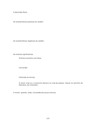 A descrição física:




As ca racte rística s positiva s do caráter:




As ca racte rística s negativas do caráter:




Os even tos significativos:

        Primeiro encontro com Deus




        Conversão




        Cham ado ao serviço



        A ma ior crise ou o mom ento decisivo na vida da pessoa: (Saulo no caminho de
        Dam asco, por exem plo).




A m orte: quand o, onde, circunstâncias p ouco com uns.




                                               137
 